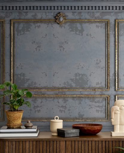 dark grey and gold panel effect wallpaper