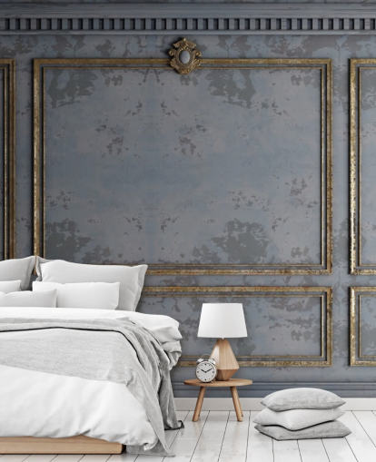 papel pintado con efecto panel gris oscuro y dorado