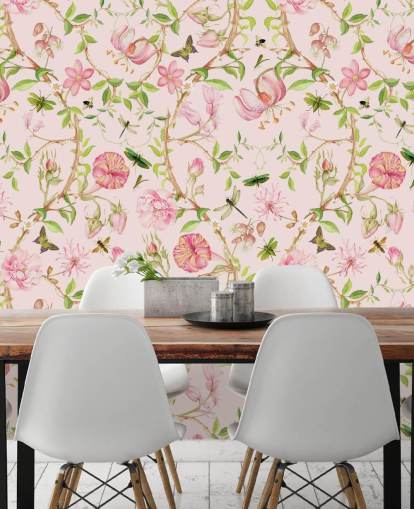 papel de parede floral rosa