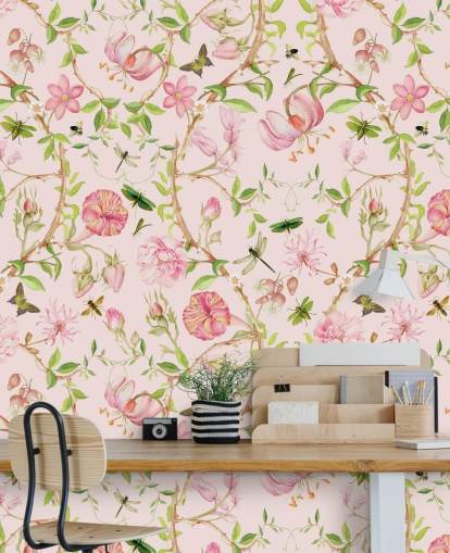 papel de parede floral rosa
