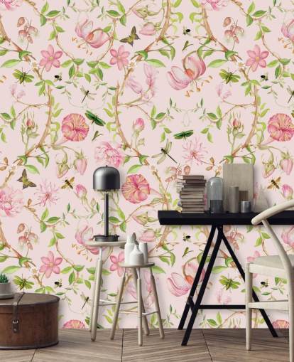 papel de parede floral rosa