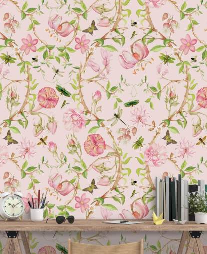 papel de parede floral rosa