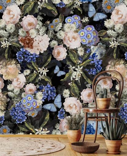 blaue und cremefarbene Blumentapete