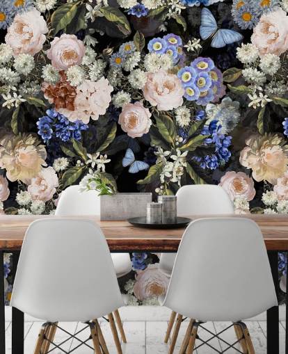 blaue und cremefarbene Blumentapete