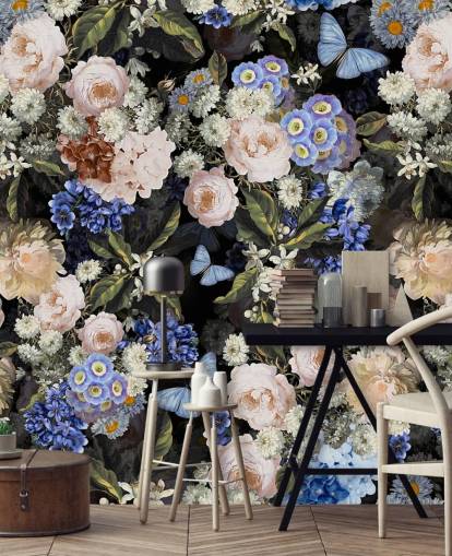 blue and off-white flower wallpaper