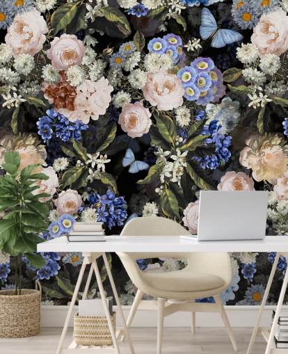 papier peint à fleurs bleu et blanc cassé papier peint à fleurs bleu et blanc cassé