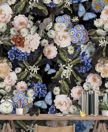 blauw en gebroken wit bloemenbehang