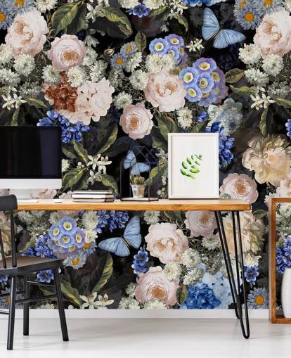 carta da parati fiore blu e bianco sporco