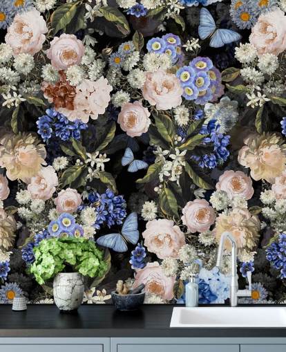 blaue und cremefarbene Blumentapete blaue und cremefarbene Blumentapete