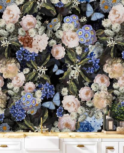 blue and off-white flower wallpaper