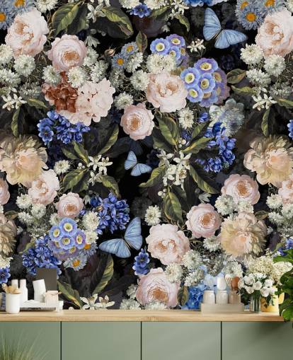 carta da parati fiore blu e bianco sporco