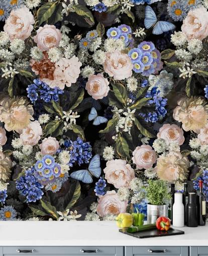 papier peint à fleurs bleu et blanc cassé papier peint à fleurs bleu et blanc cassé