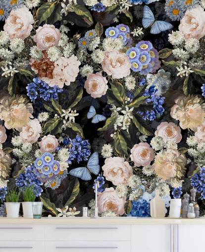 blaue und cremefarbene Blumentapete blaue und cremefarbene Blumentapete
