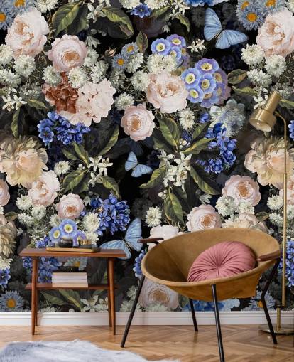 blauw en gebroken wit bloemenbehang