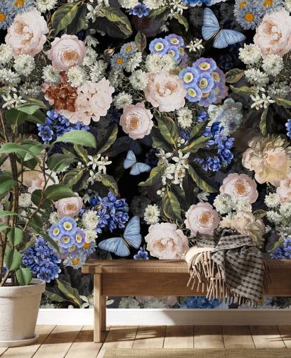 blauw en gebroken wit bloemenbehang