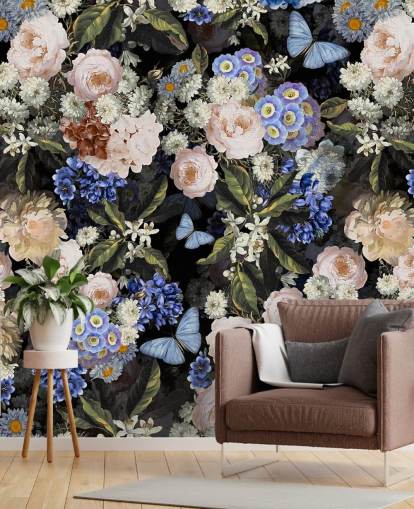 blaue und cremefarbene Blumentapete blaue und cremefarbene Blumentapete