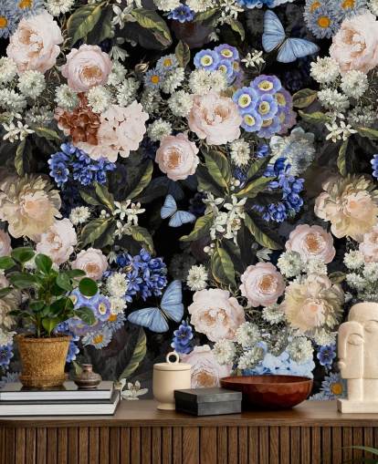 blaue und cremefarbene Blumentapete