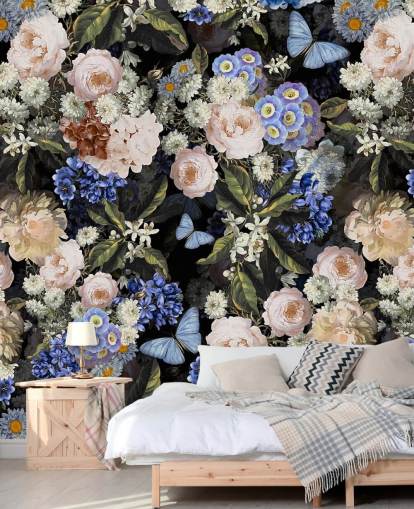 blauw en gebroken wit bloemenbehang