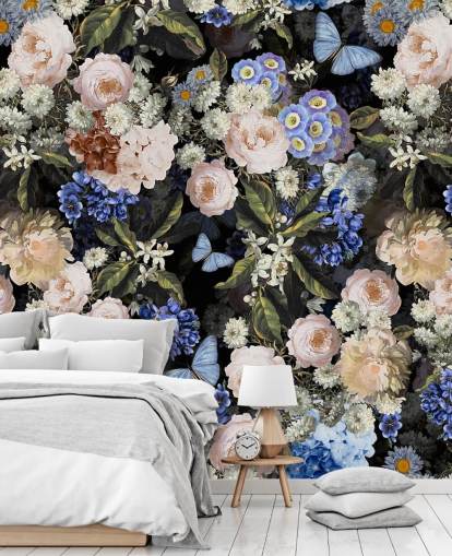 blaue und cremefarbene Blumentapete blaue und cremefarbene Blumentapete