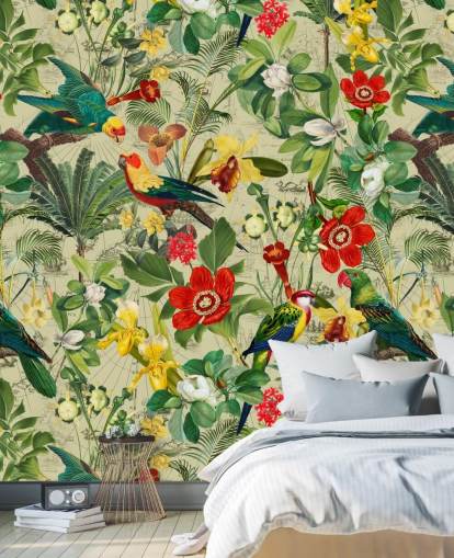 Green tropical wallpaper with red and yellow flowers and green parrots