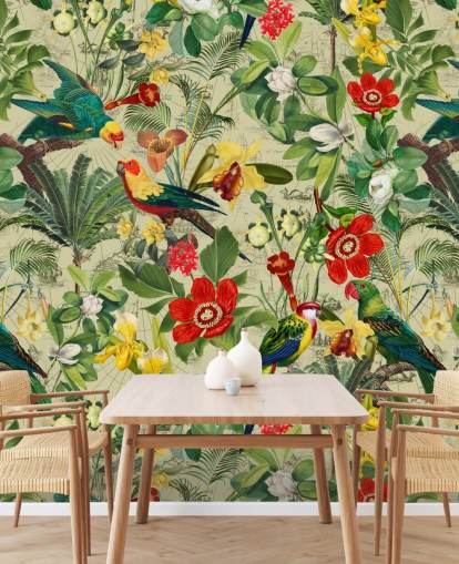 Green tropical wallpaper with red and yellow flowers and green parrots
