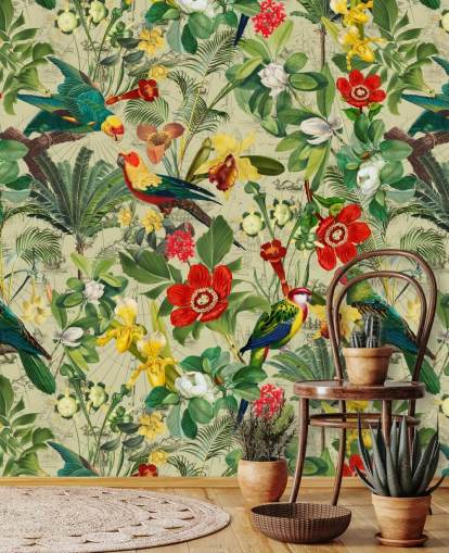 Green tropical wallpaper with red and yellow flowers and green parrots