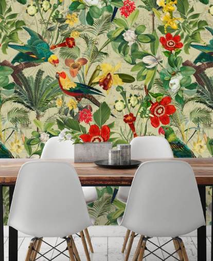 Green tropical wallpaper with red and yellow flowers and green parrots
