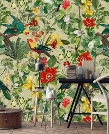 Green tropical wallpaper with red and yellow flowers and green parrots