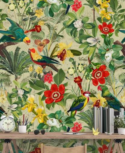 Green tropical wallpaper with red and yellow flowers and green parrots