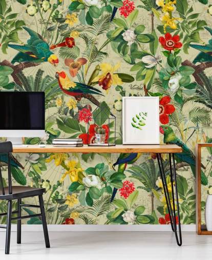 Green tropical wallpaper with red and yellow flowers and green parrots