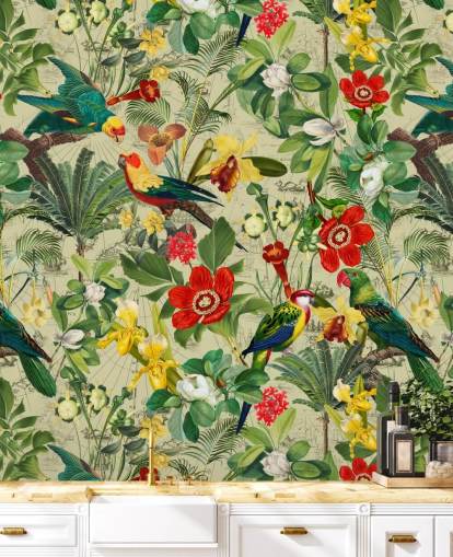 Green tropical wallpaper with red and yellow flowers and green parrots