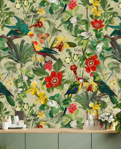 Green tropical wallpaper with red and yellow flowers and green parrots