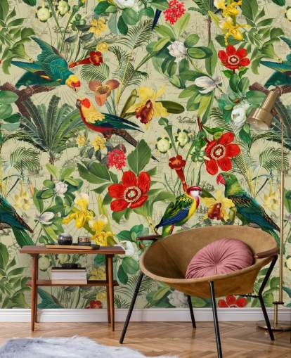 Green tropical wallpaper with red and yellow flowers and green parrots
