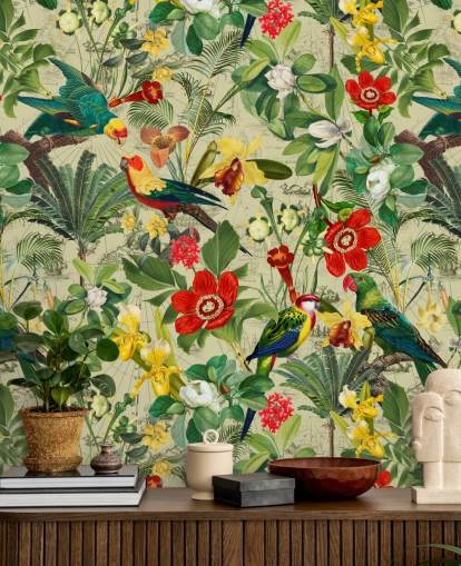 Green tropical wallpaper with red and yellow flowers and green parrots