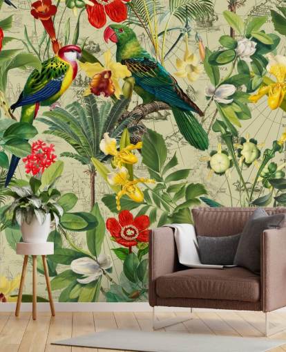 papier peint coloré oiseaux tropicaux