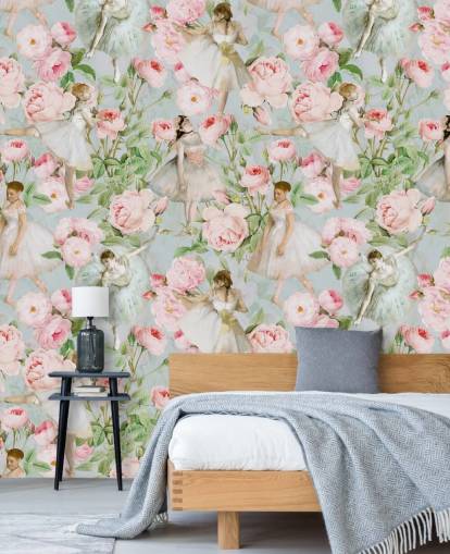 Pastel pink flowers and dancing women in white dresses on a pale blue background