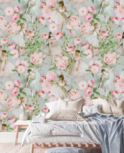 Fiori rosa pastello e donne danzanti in abiti bianchi su sfondo blu pallido