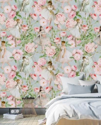 Fleurs roses pastel et femmes dansantes en robes blanches sur fond bleu pâle Fleurs roses pastel et femmes dansantes en robes blanches sur fond bleu pâle