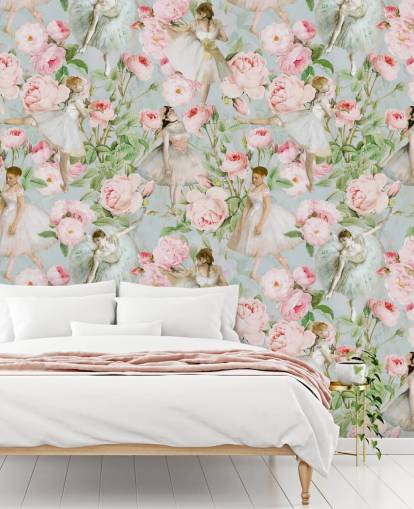 Flores rosa pastel e mulheres dançando em vestidos brancos em um fundo azul claro