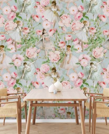 Pastel pink flowers and dancing women in white dresses on a pale blue background