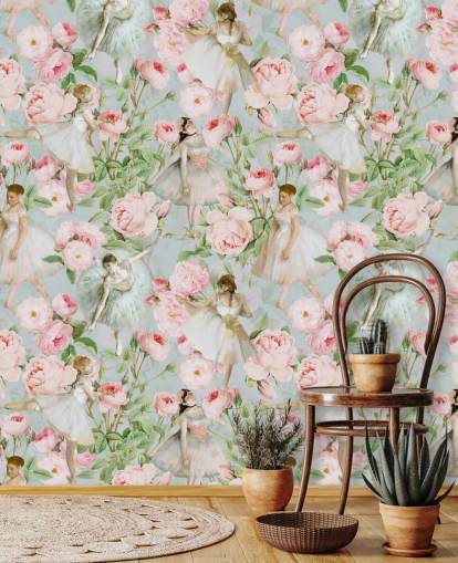 Pastel pink flowers and dancing women in white dresses on a pale blue background