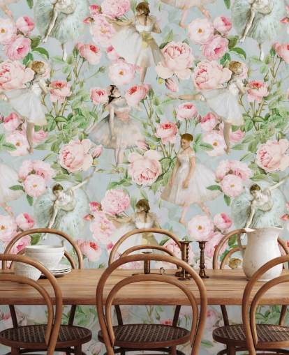 Fleurs roses pastel et femmes dansantes en robes blanches sur fond bleu pâle