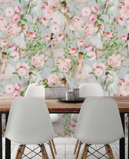 Fiori rosa pastello e donne danzanti in abiti bianchi su sfondo blu pallido