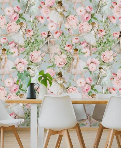 Pastel pink flowers and dancing women in white dresses on a pale blue background