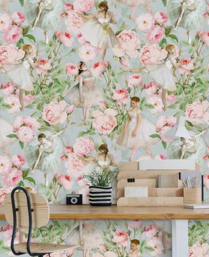 Pastellrosa blomster og dansende kvinner i hvite kjoler på lyseblå bakgrunn