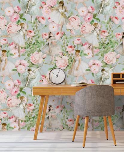 Pastelroze bloemen en dansende vrouwen in witte jurken op een lichtblauwe achtergrond