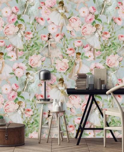 Pastelroze bloemen en dansende vrouwen in witte jurken op een lichtblauwe achtergrond