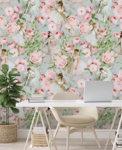 Pastellrosa blomster og dansende kvinder i hvide kjoler på en lyseblå baggrund