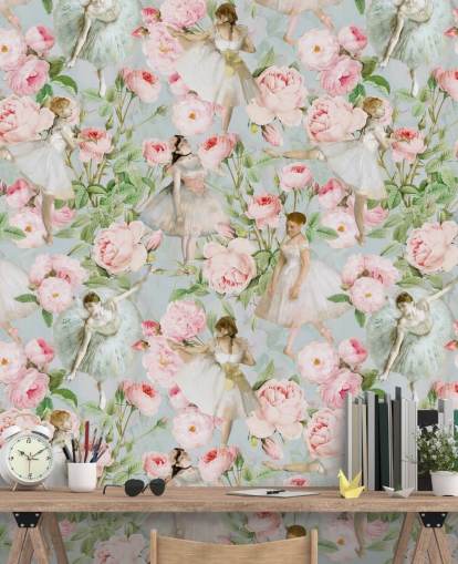 Pale blue background with pastel pink flowers and dancing women in white dresses wallpaper