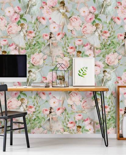 Pastellrosa blomster og dansende kvinder i hvide kjoler på en lyseblå baggrund